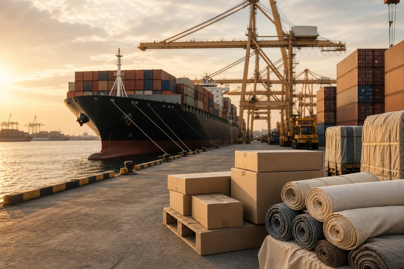 Global logistics port with cargo ship, containers, cartons, and textile rolls