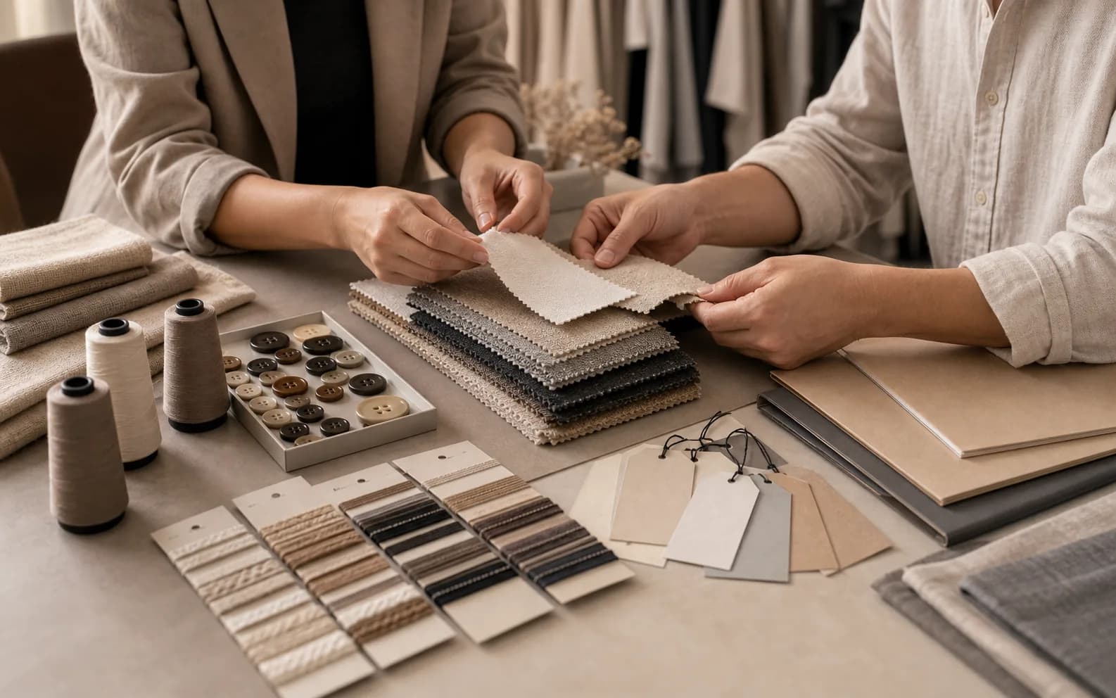 Garment sourcing table with fabric swatches, trims, buttons, thread samples, and supplier folders