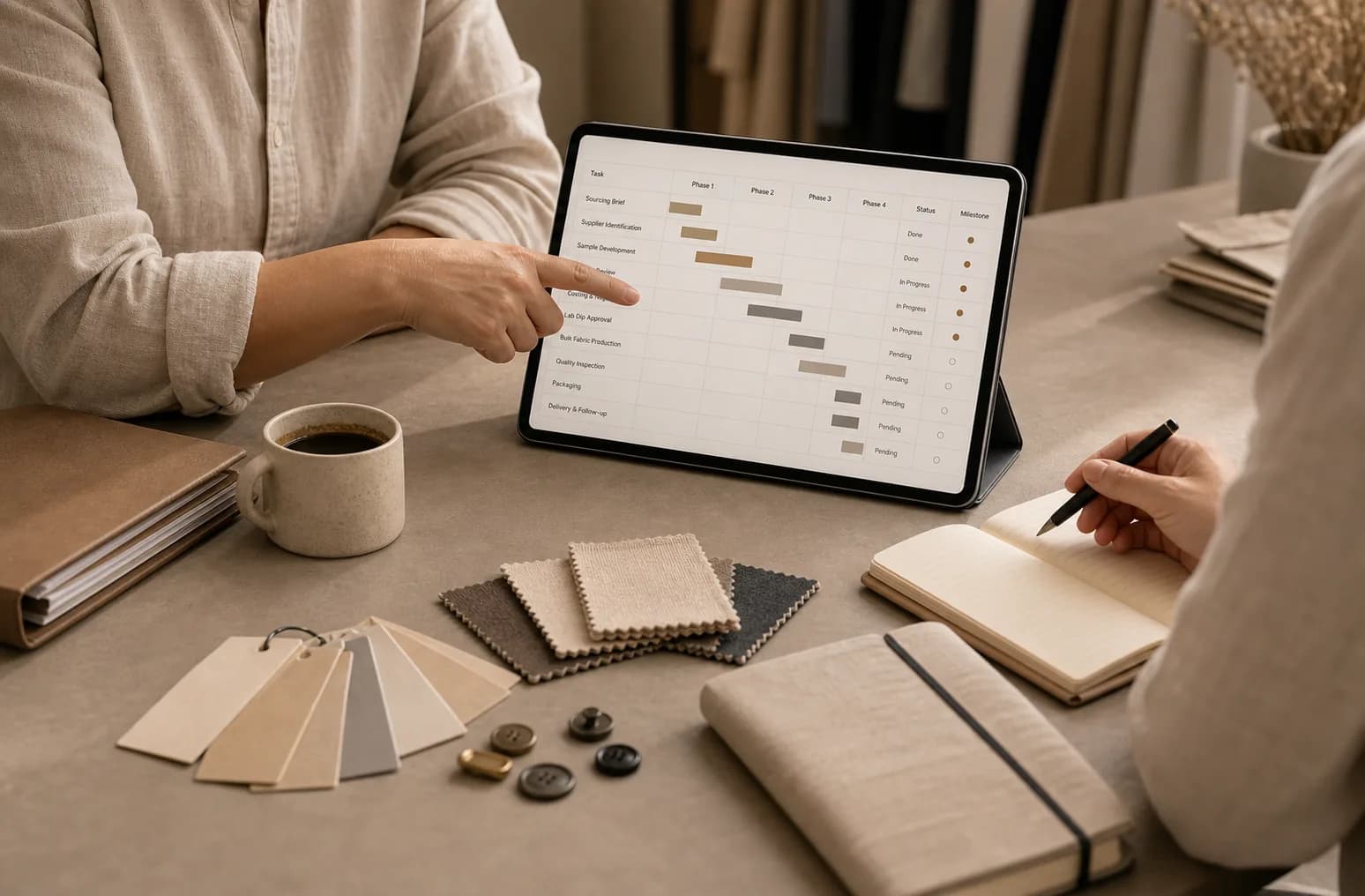Supplier management meeting with an iPad showing a project timeline, supplier folders, notes, and fabric samples
